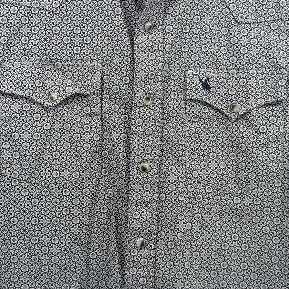 Rodeo Clothing Co Western Snap Shirt Mens L Tan Black Floral Medallion Print